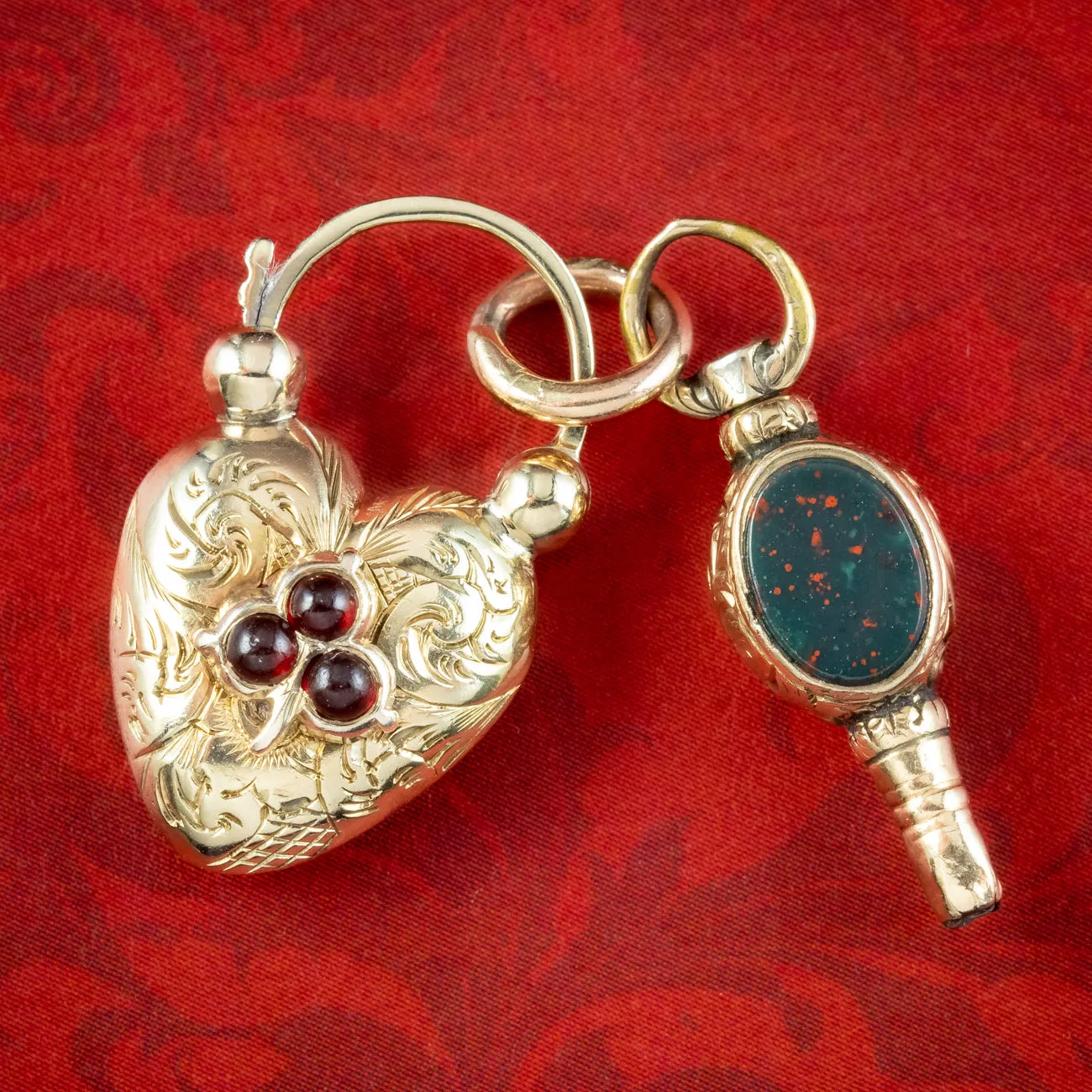 Antique Victorian Heart Locket And Watch Key Charm Pendant 9ct Gold