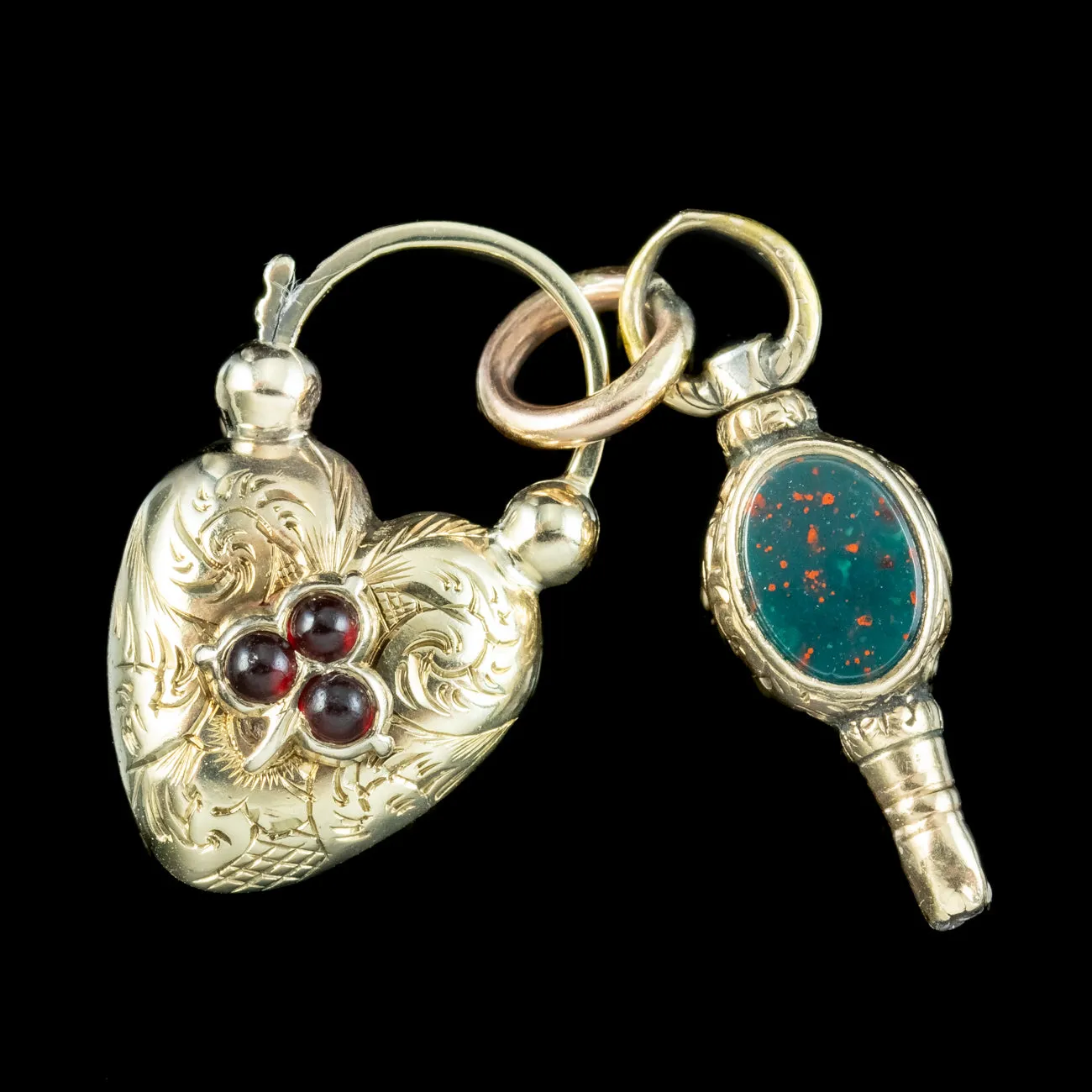 Antique Victorian Heart Locket And Watch Key Charm Pendant 9ct Gold