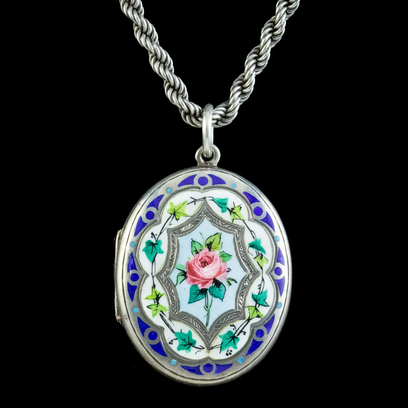 Antique Victorian Silver Enamel Floral Locket Chain Necklace