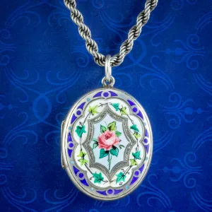 Antique Victorian Silver Enamel Floral Locket Chain Necklace