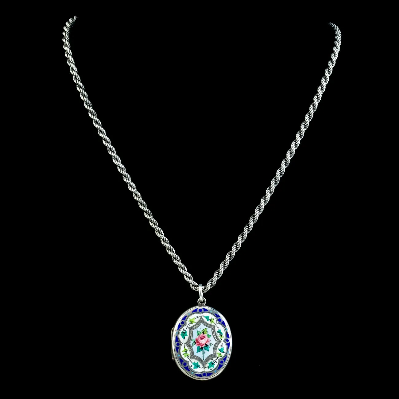 Antique Victorian Silver Enamel Floral Locket Chain Necklace