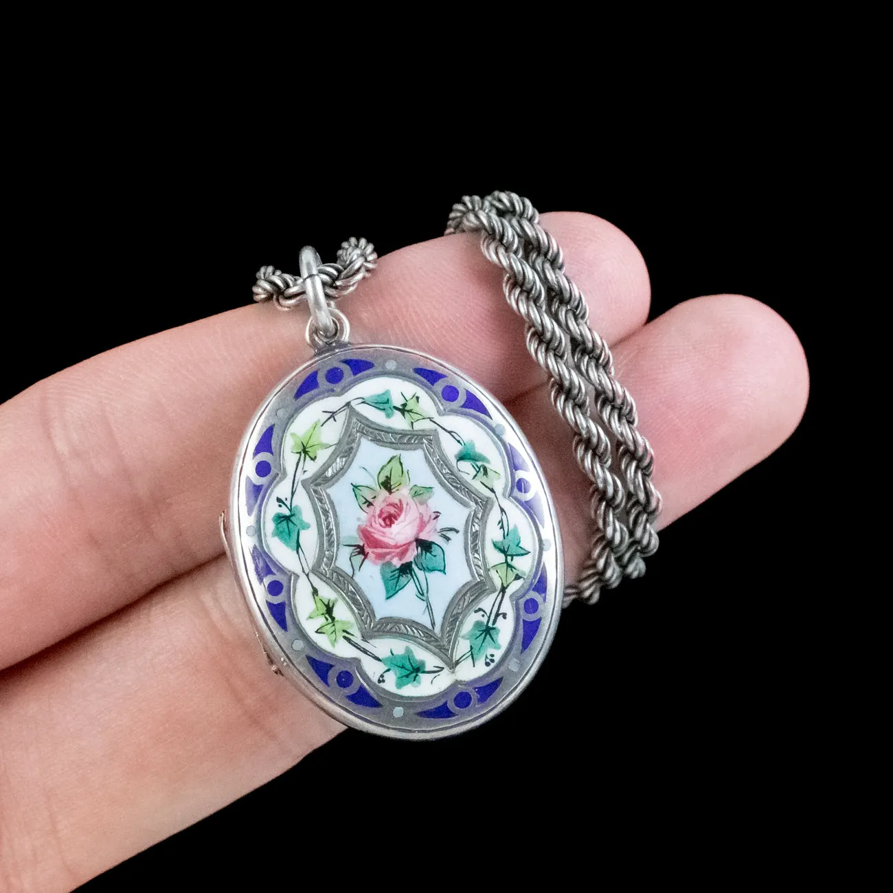 Antique Victorian Silver Enamel Floral Locket Chain Necklace