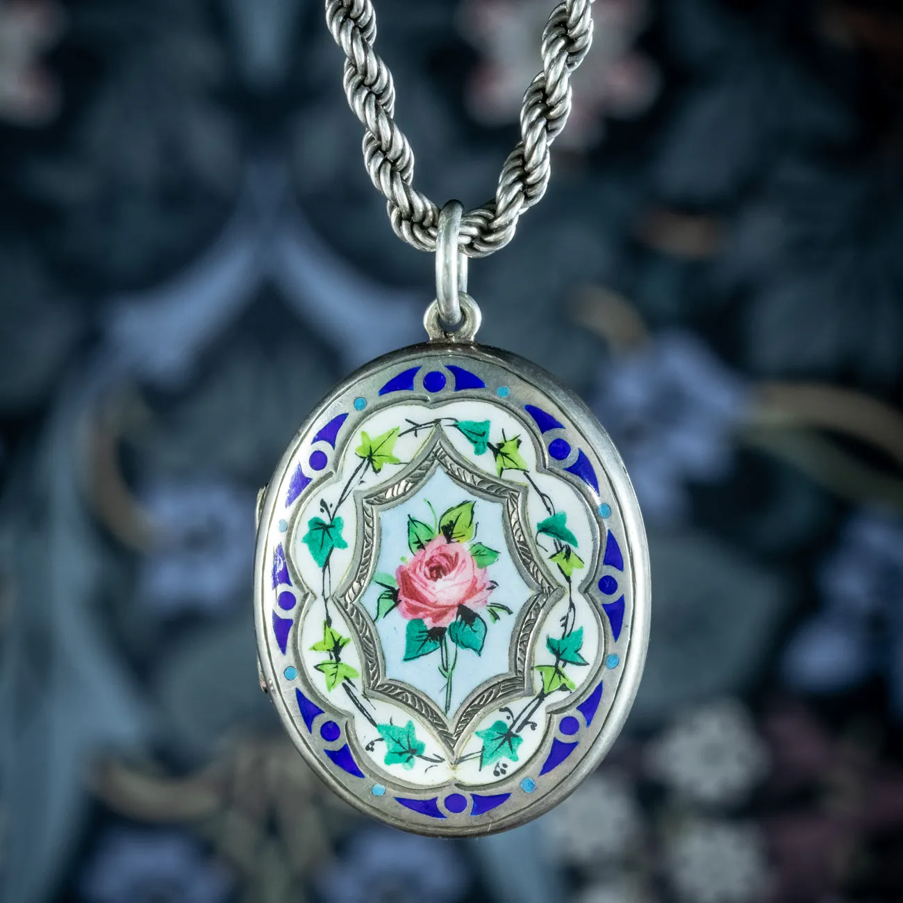 Antique Victorian Silver Enamel Floral Locket Chain Necklace