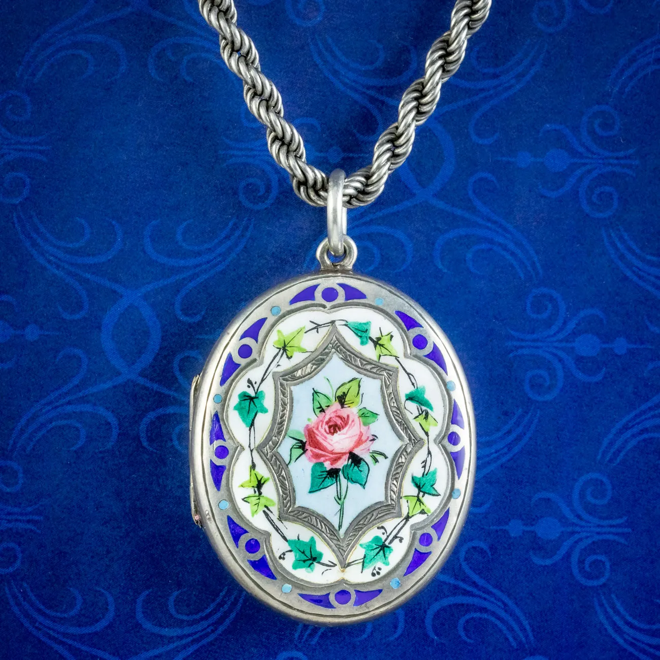 Antique Victorian Silver Enamel Floral Locket Chain Necklace