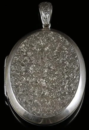 Antique Victorian Silver Locket Forget Me Not Large Locket 1880