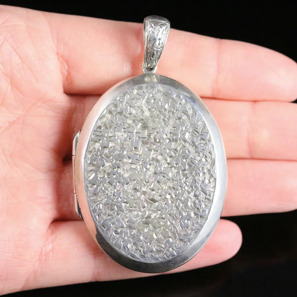 Antique Victorian Silver Locket Forget Me Not Large Locket 1880