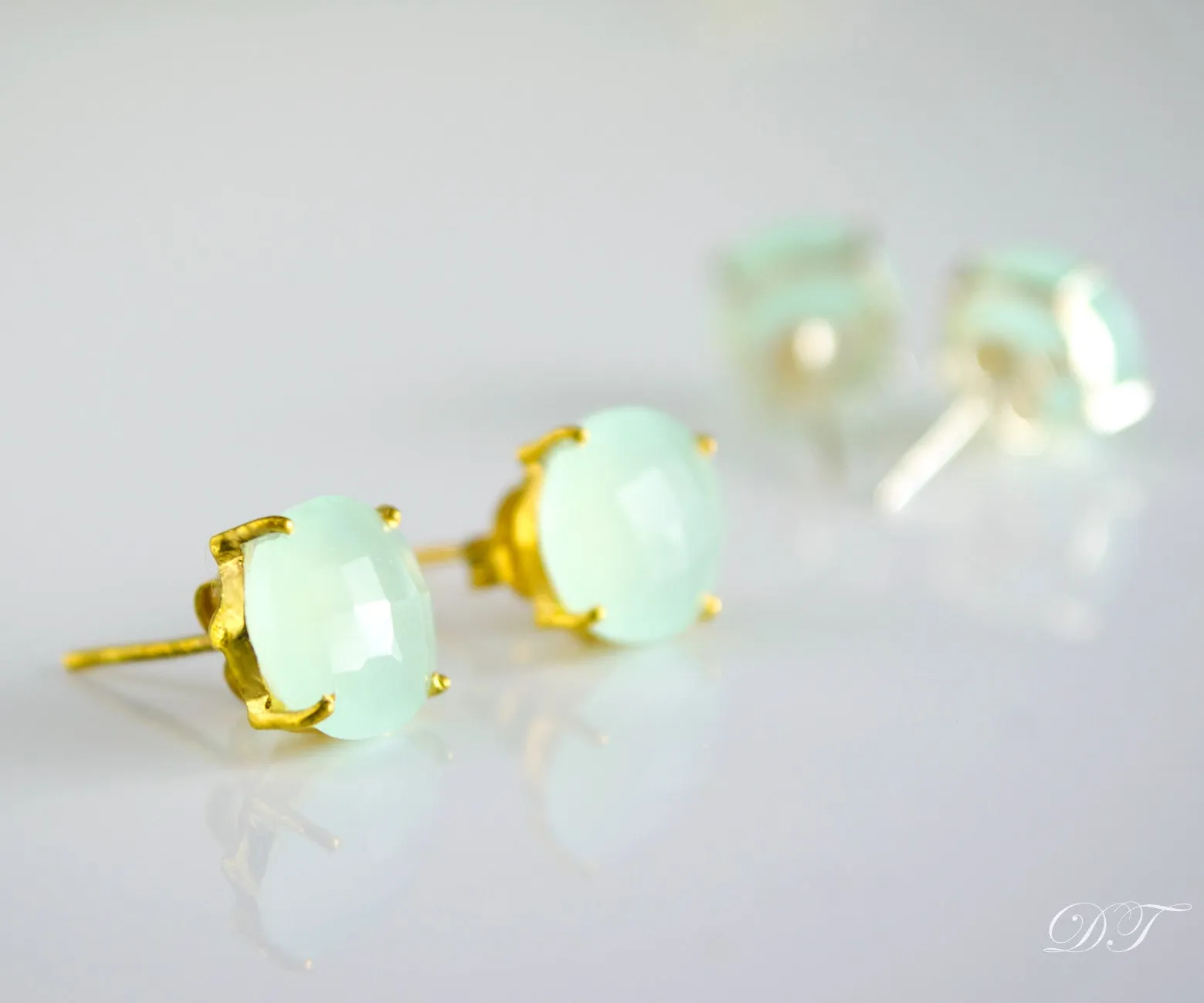 Aqua Chalcedony Round Prong Set Stud Earrings - March Birthstone