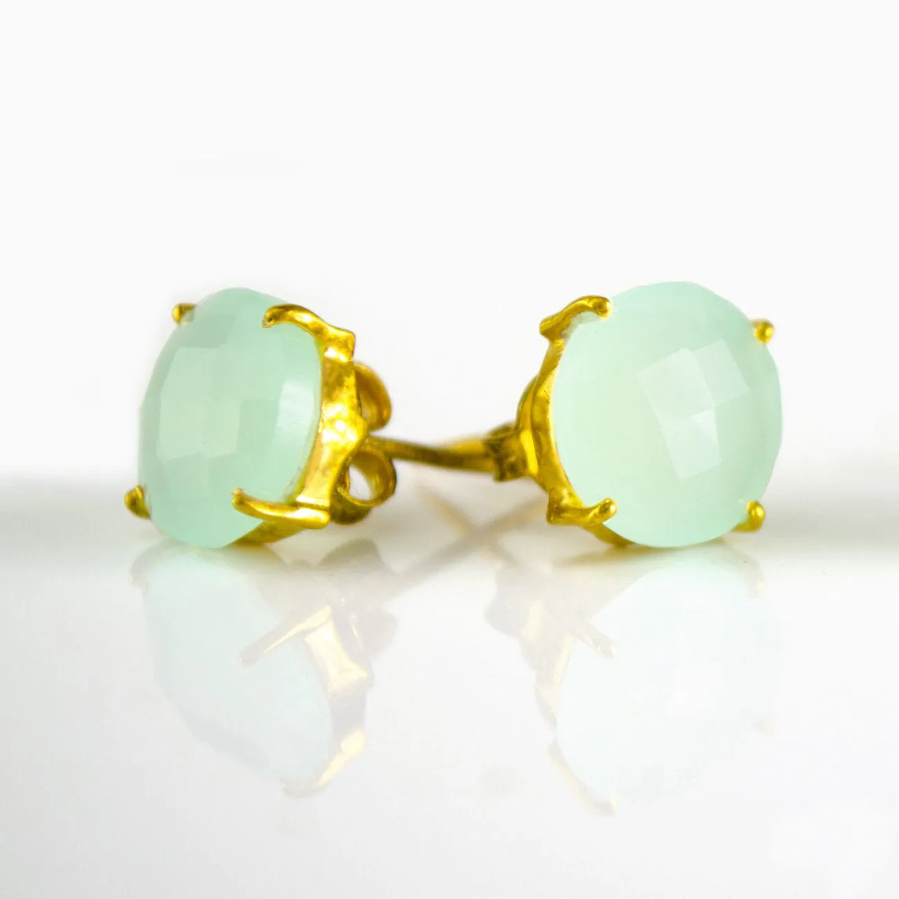 Aqua Chalcedony Round Prong Set Stud Earrings - March Birthstone