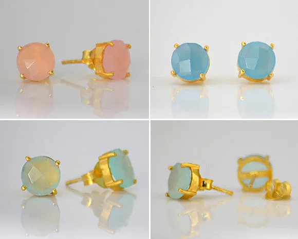 Aqua Chalcedony Round Prong Set Stud Earrings - March Birthstone