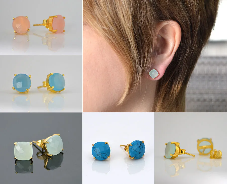 Aqua Chalcedony Round Prong Set Stud Earrings - March Birthstone