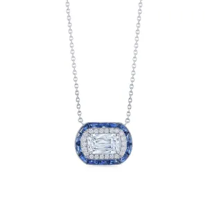 Ashoka Diamond with Calibre Sapphire Halo Pendant Necklace