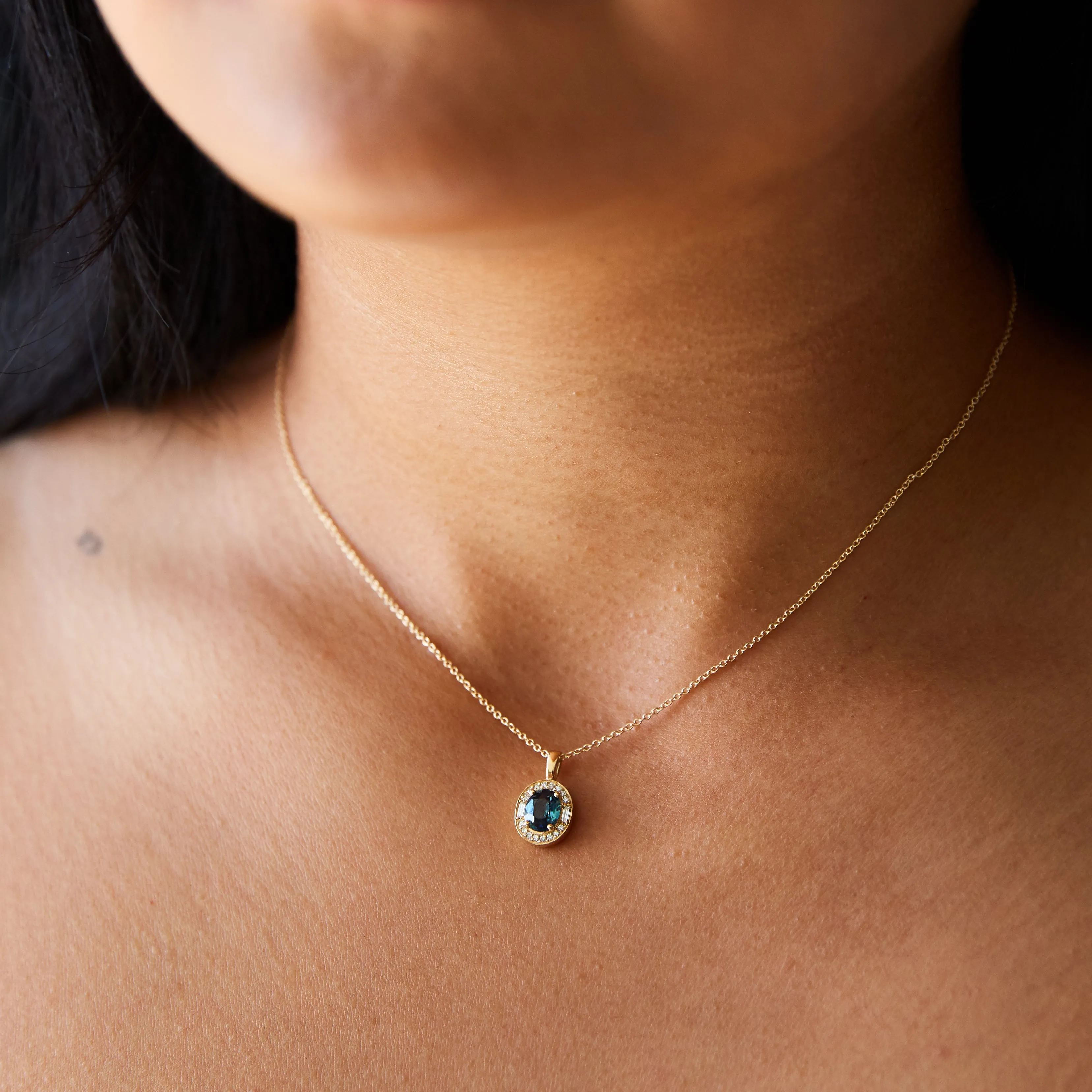 Athena Necklace- 1.39 Carat Teal Green Oval Sapphire