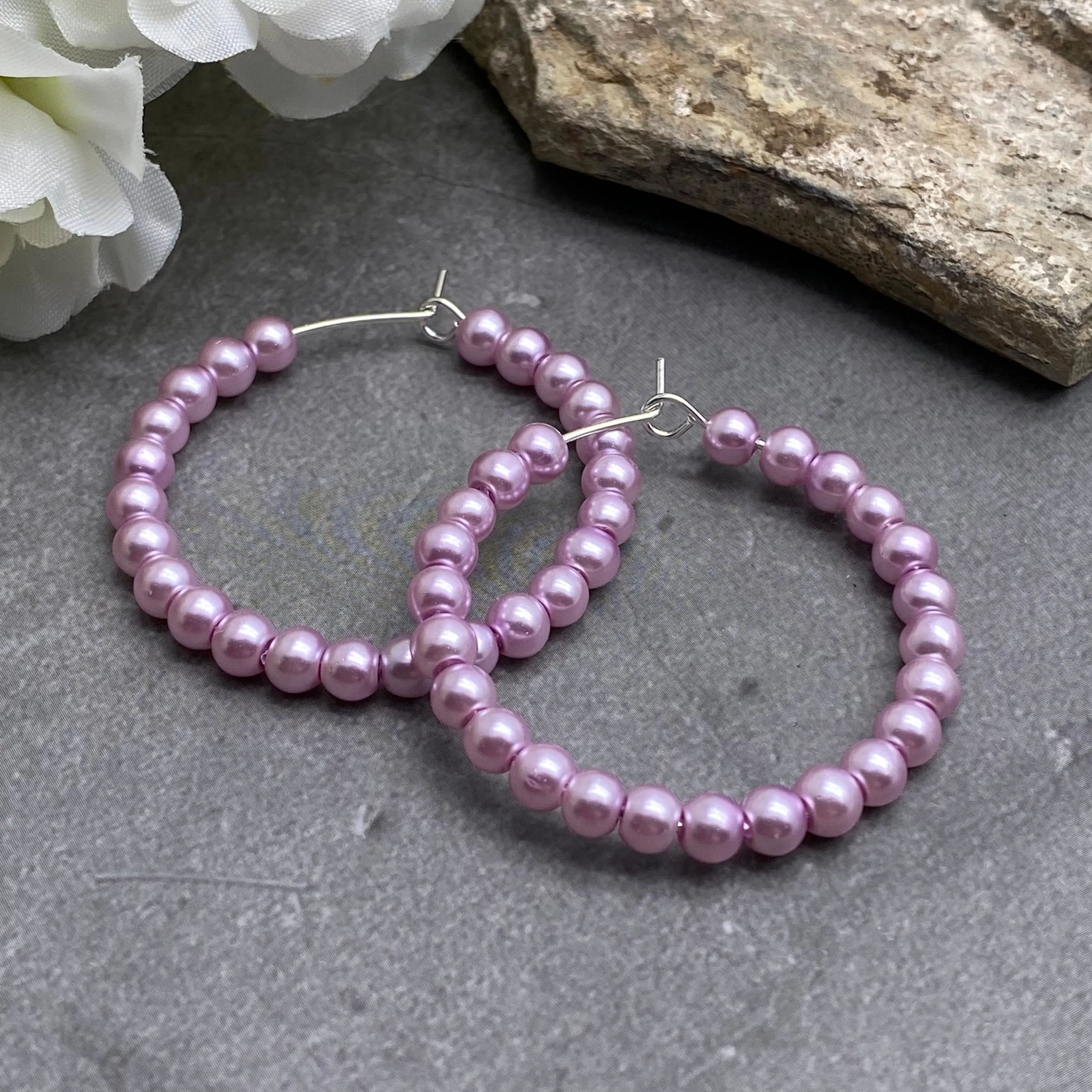 Baby Pink Glass Bead Silver Plated Hoops 35mm