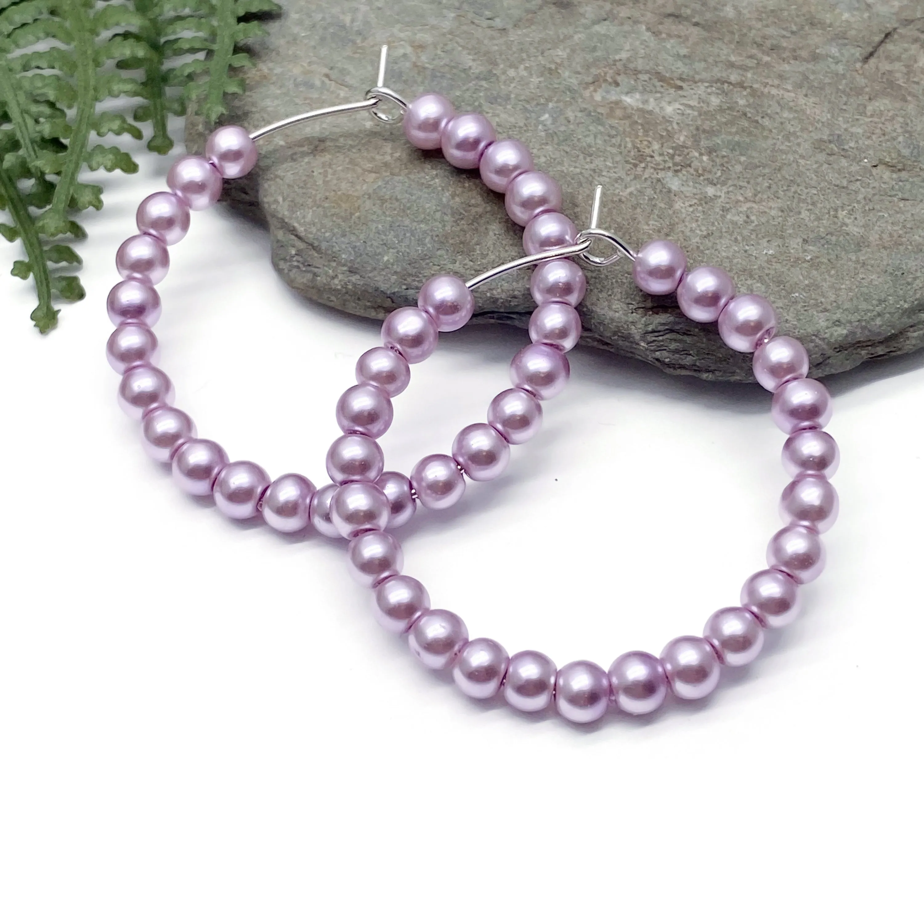 Baby Pink Glass Bead Silver Plated Hoops 35mm