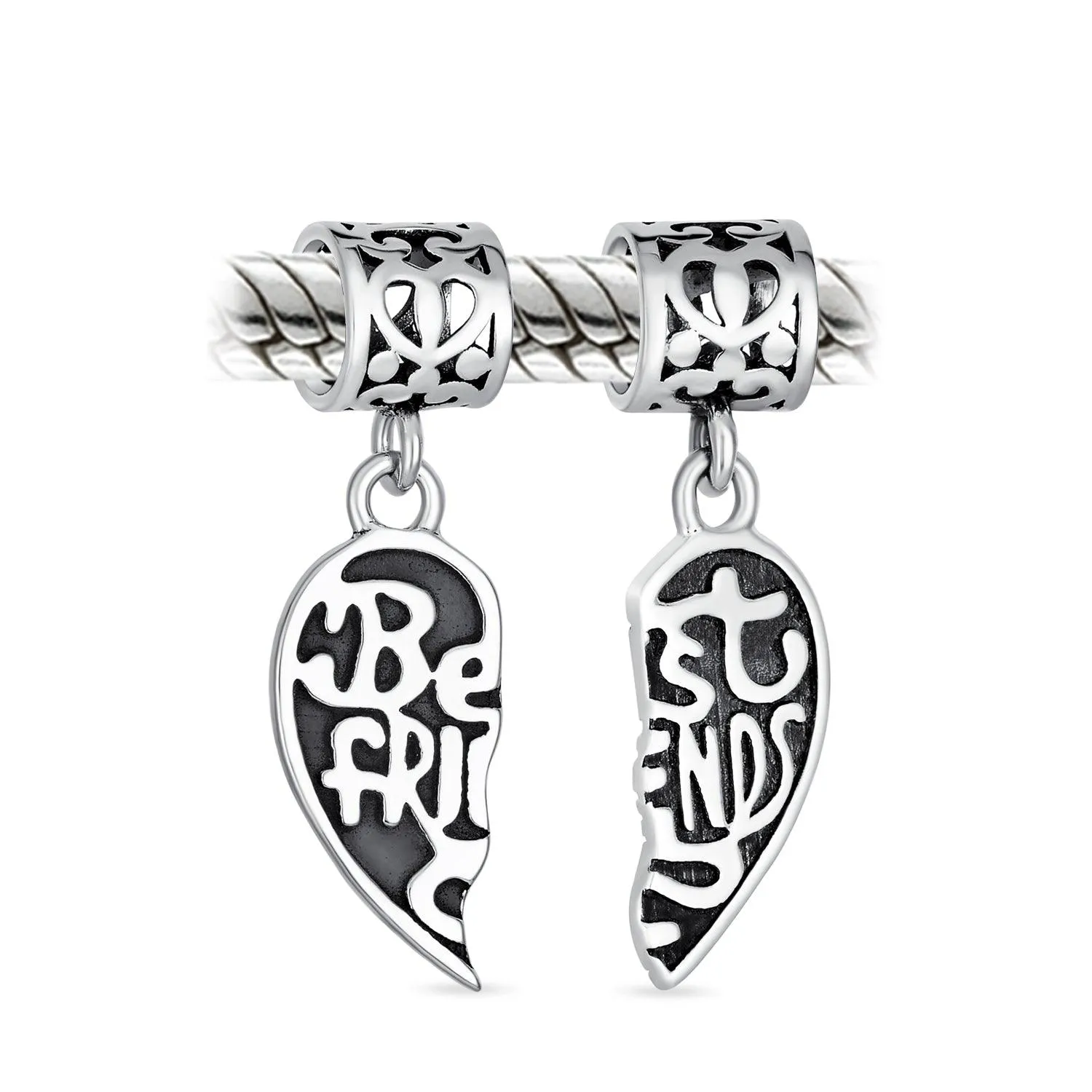 Best Friend Puzzle Two Piece Split Heart Bead Charm Sterling Silver