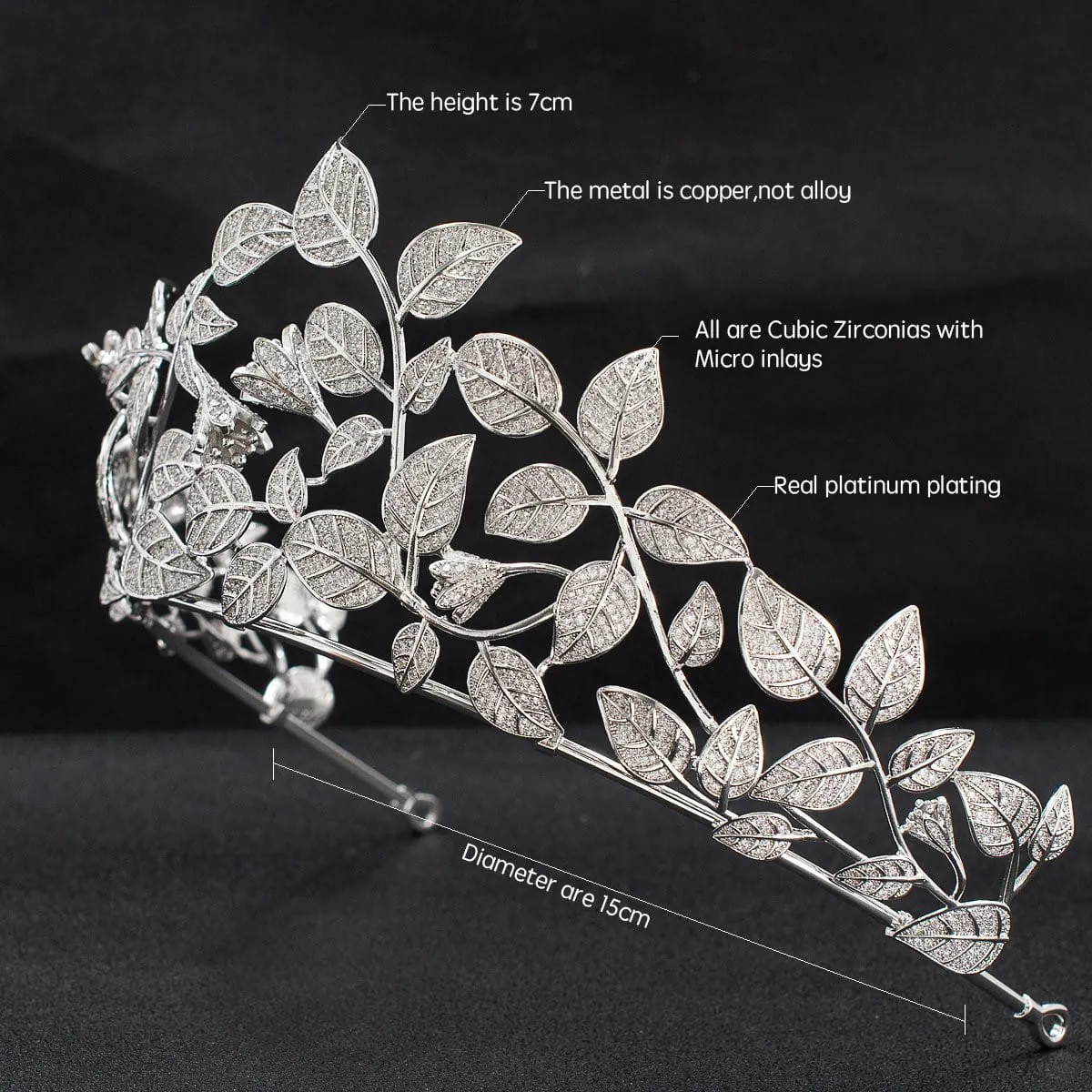 Big Cubic Zircon Leaves Tiara for Wedding, Bridal Royal Diadem Head Jewelry CH10331