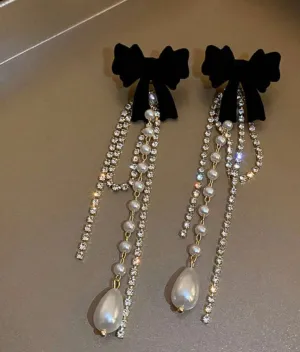 Black Bow Rhinestone Earrings