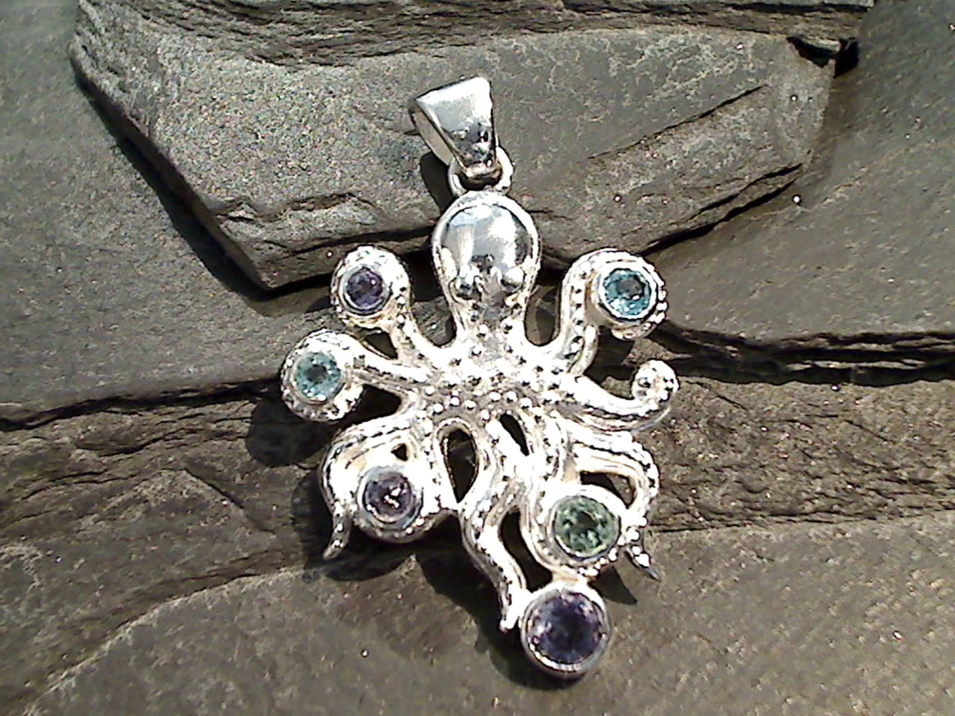 Blue Topaz, Iolite, Sterling Silver Octopus Pendant