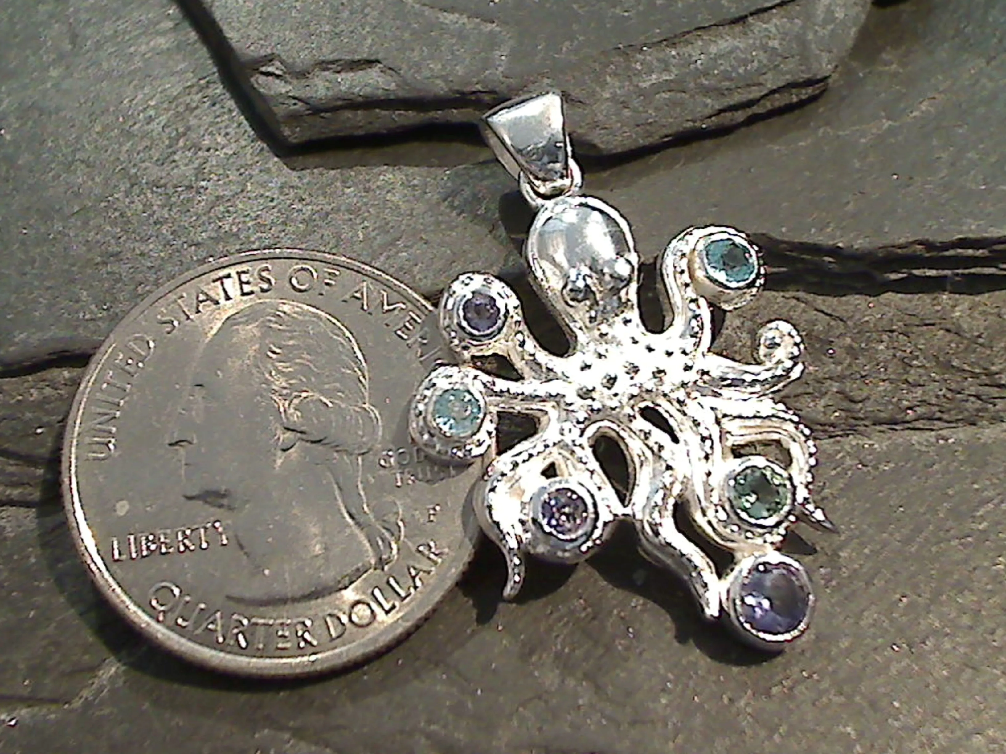 Blue Topaz, Iolite, Sterling Silver Octopus Pendant