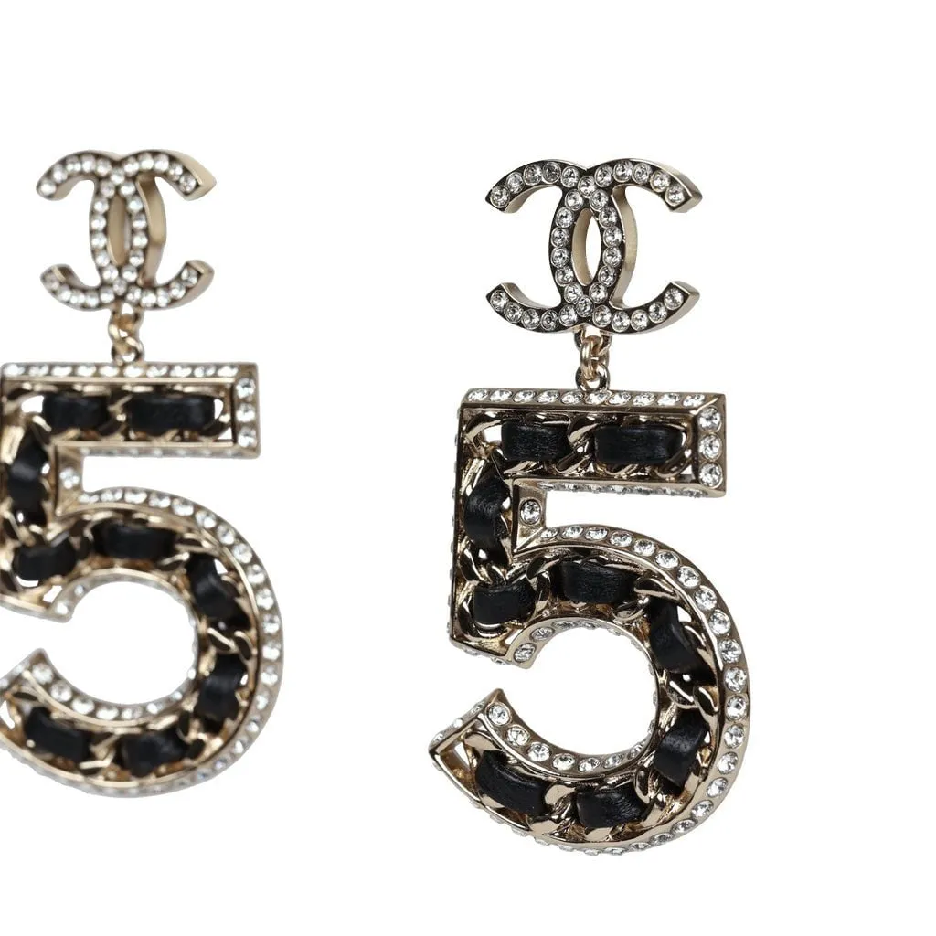 Chanel Crystal CC No 5 Chain Drop Dangle Earrings Black Leather Light Gold Metal