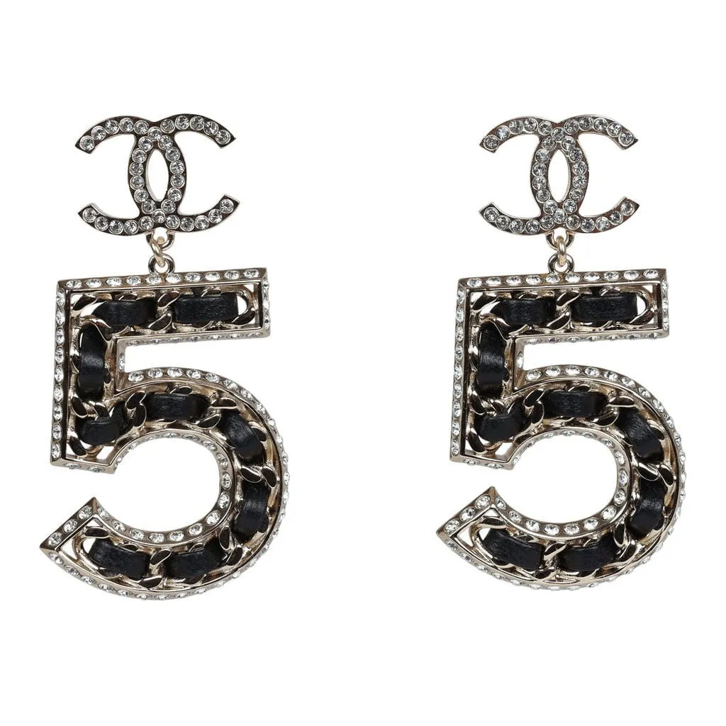 Chanel Crystal CC No 5 Chain Drop Dangle Earrings Black Leather Light Gold Metal