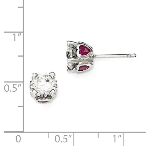 Cheryl M Sterling Silver 6mm Round CZ & Created Ruby Heart Post Earrings