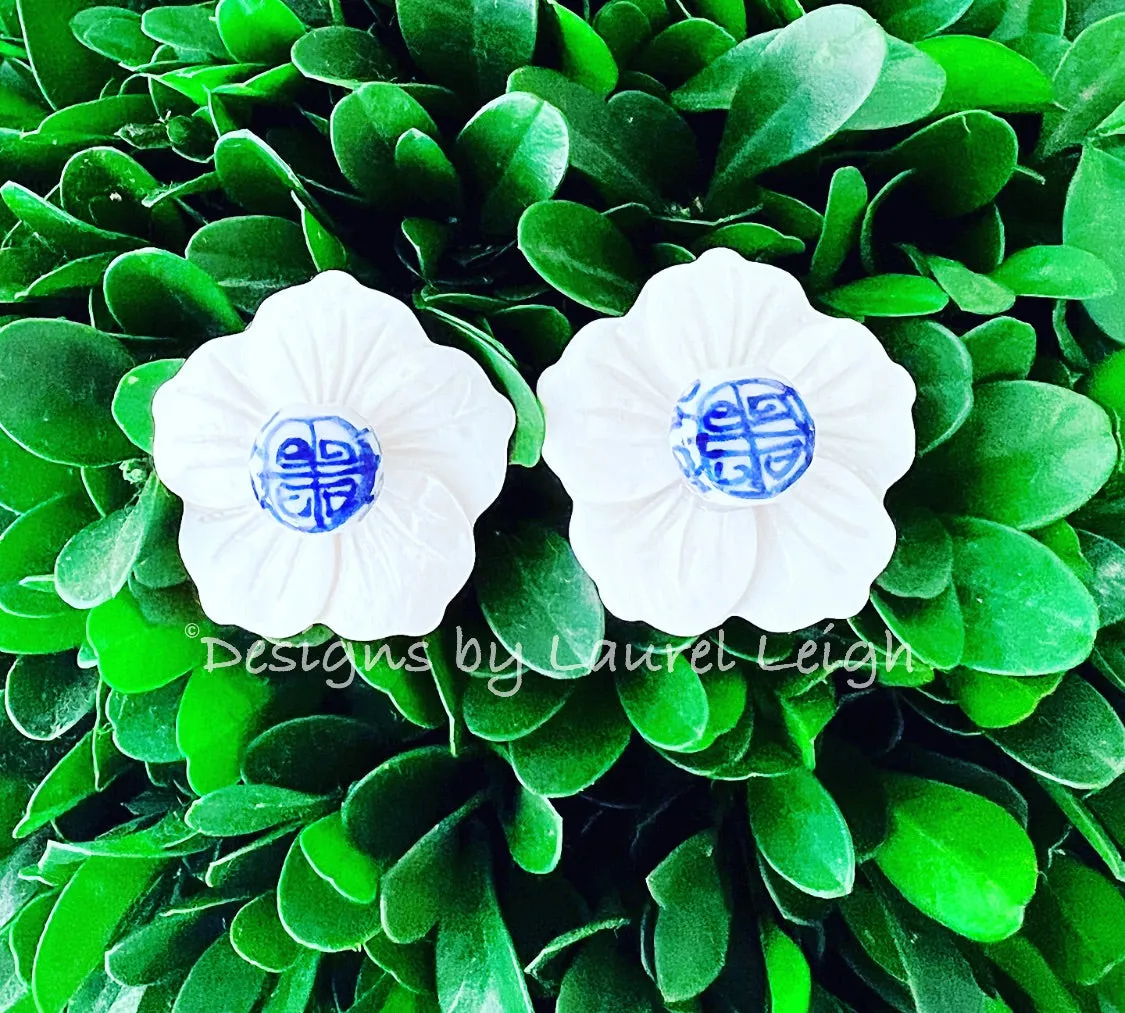 Chinoiserie Floral White Pearl Studs