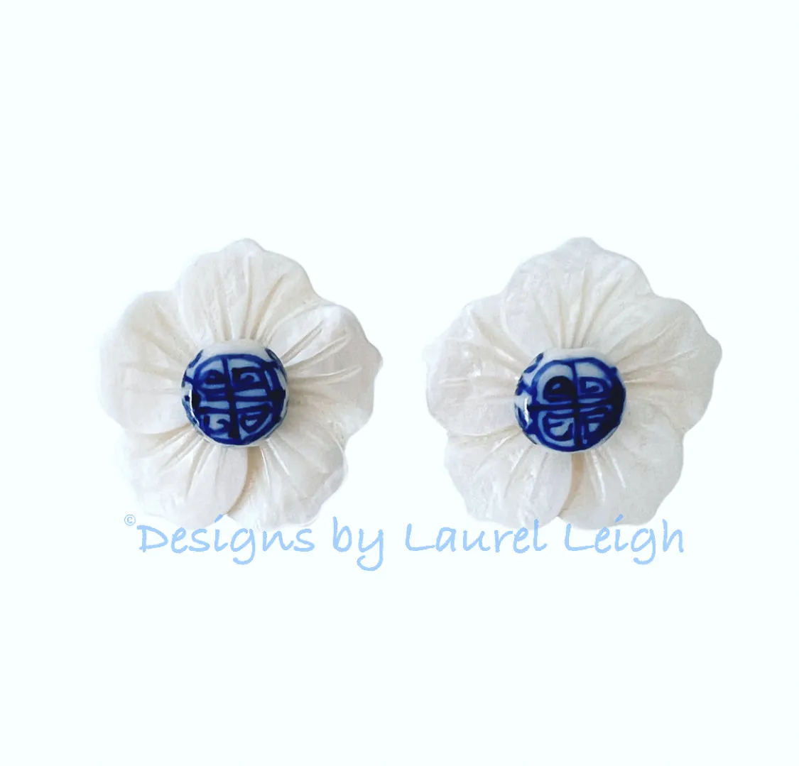 Chinoiserie Floral White Pearl Studs