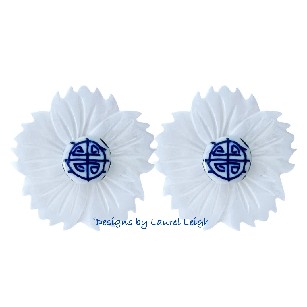 Chinoiserie Floral White Pearl Studs