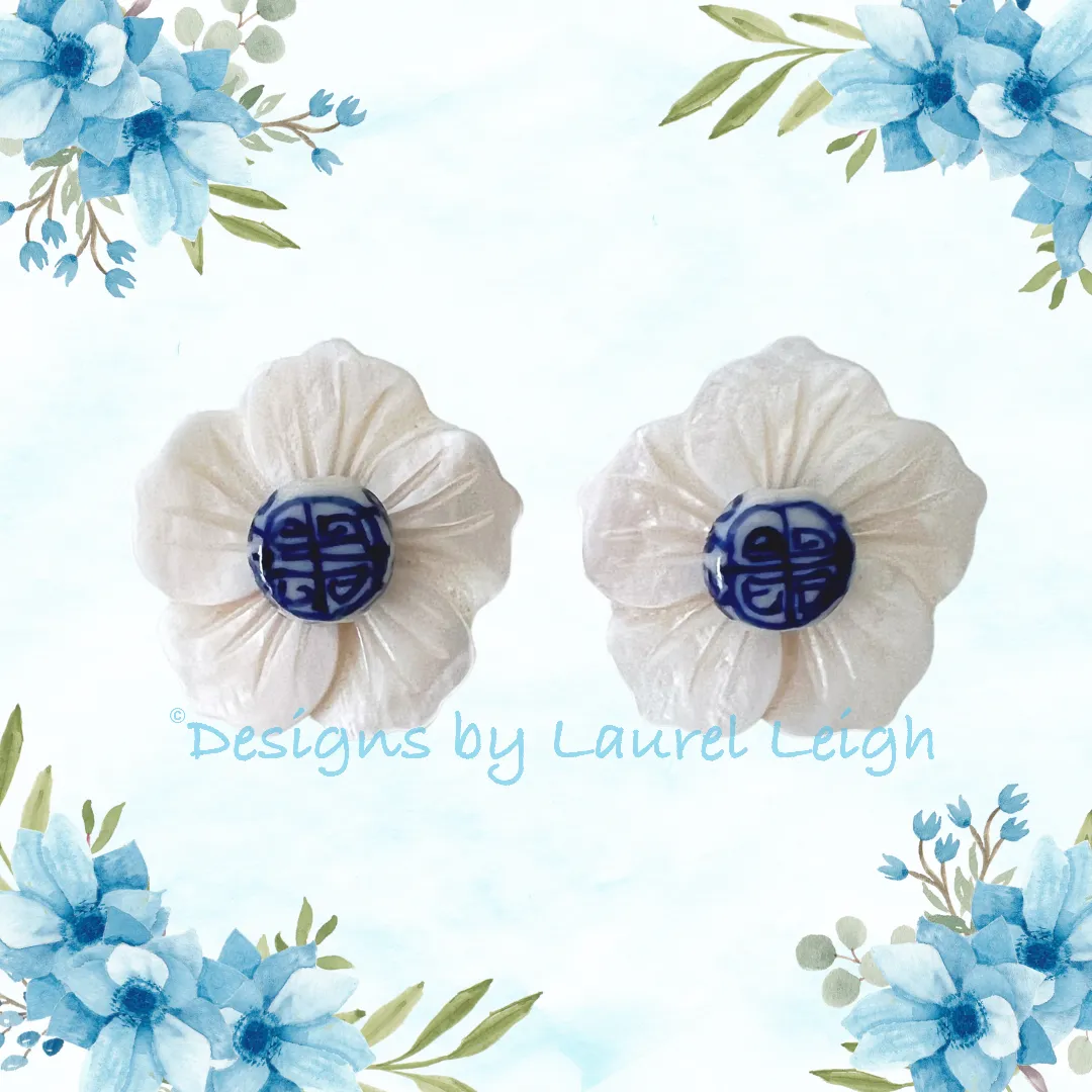 Chinoiserie Floral White Pearl Studs