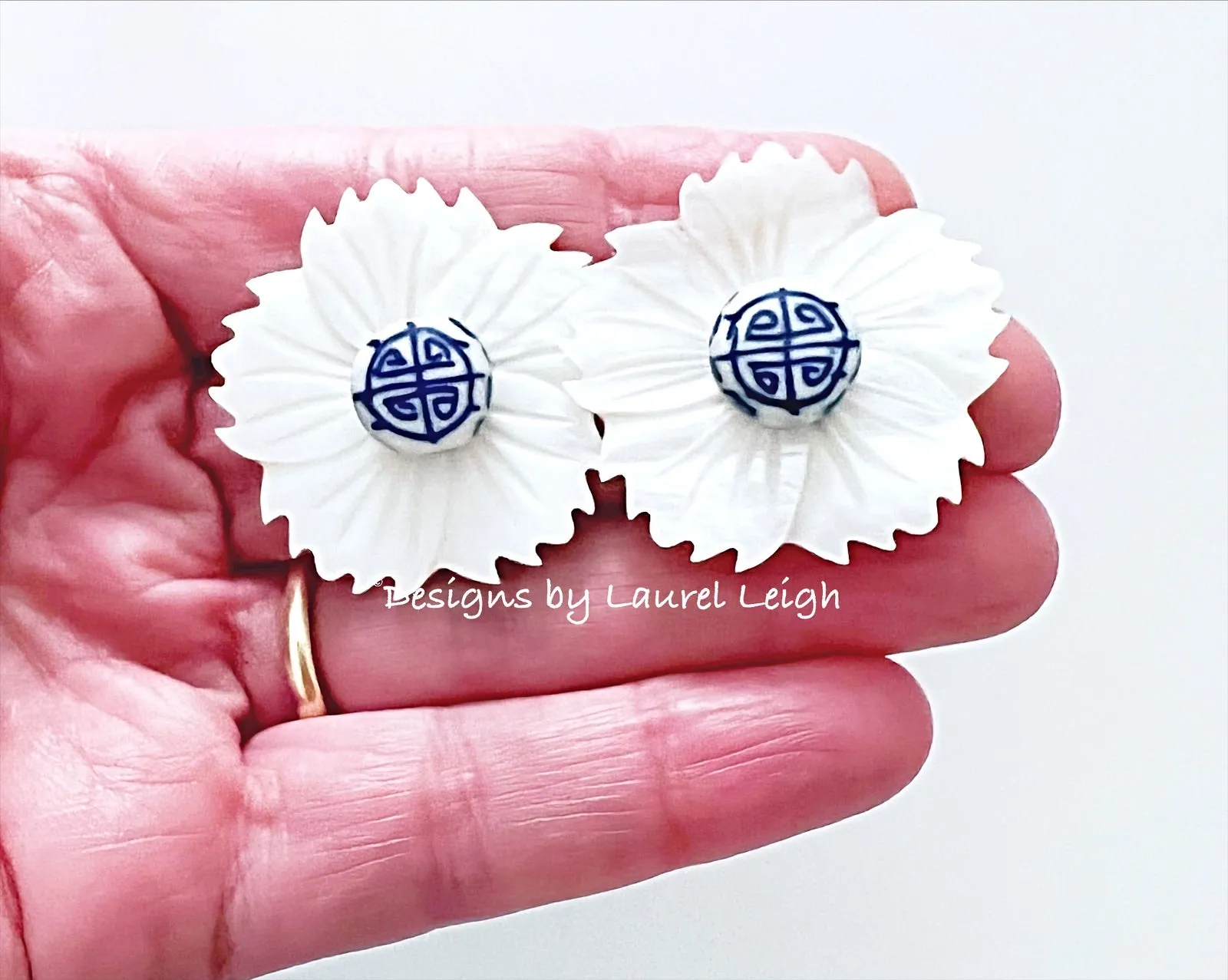 Chinoiserie Floral White Pearl Studs