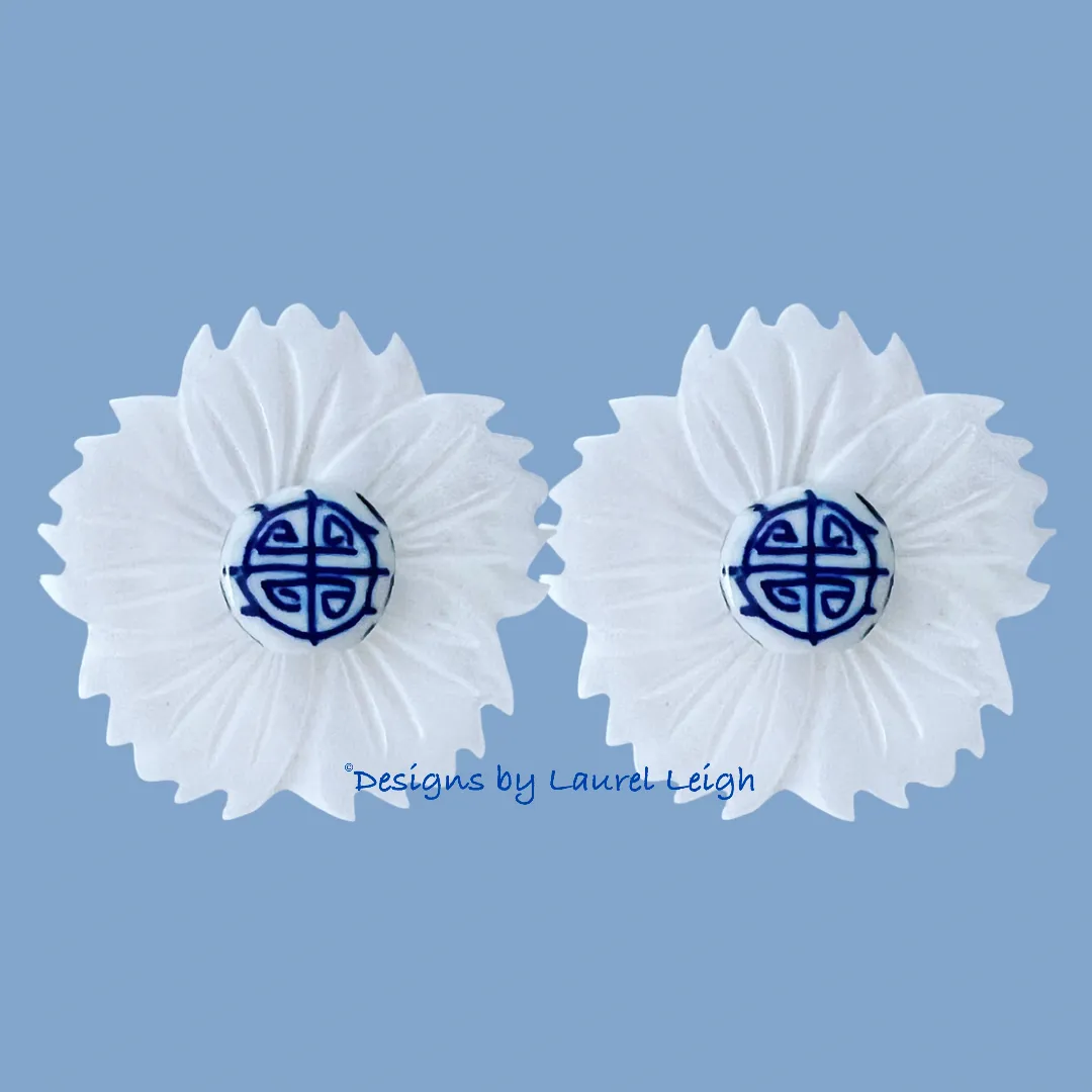 Chinoiserie Floral White Pearl Studs