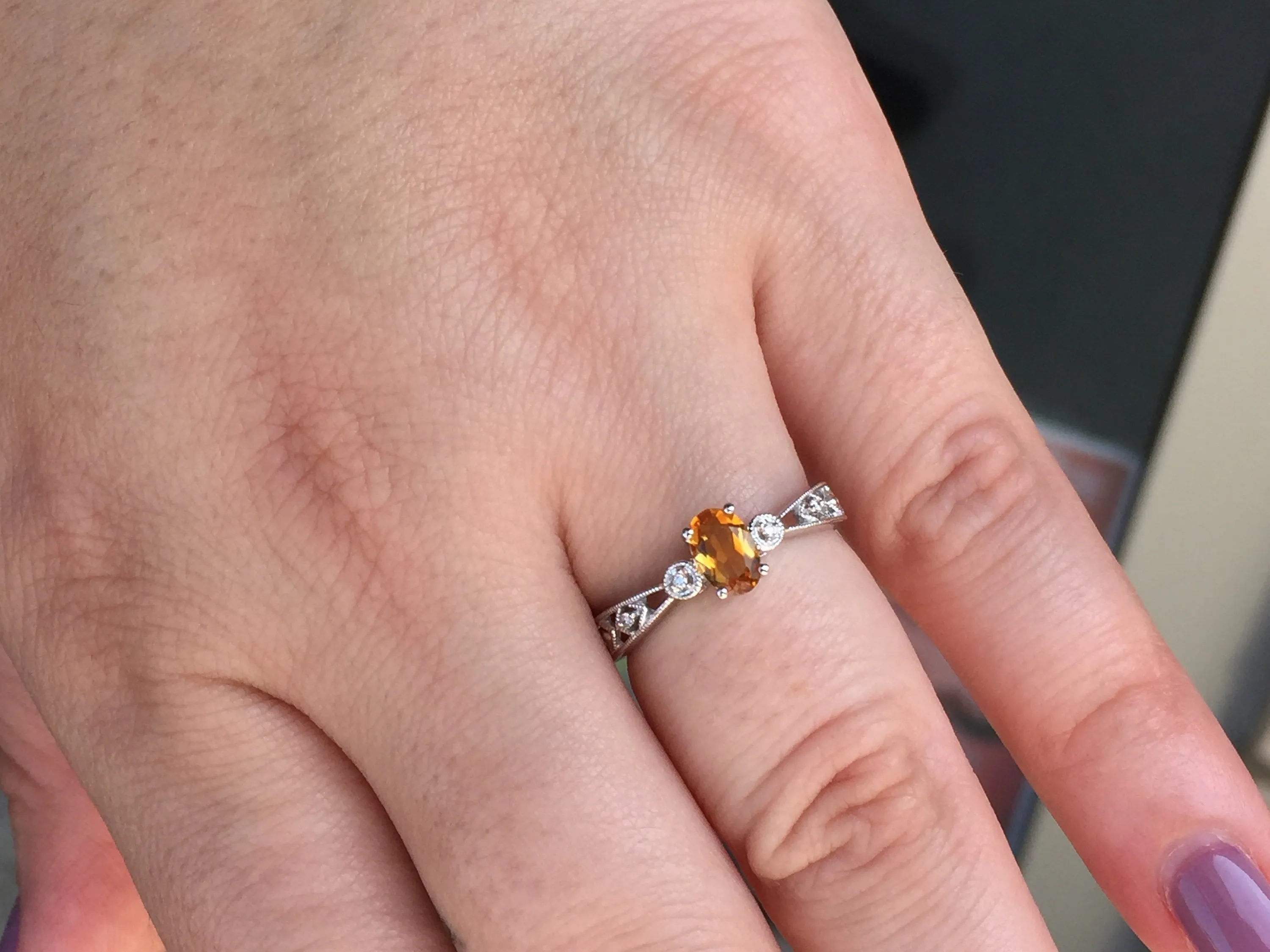 Citrine & Diamond 14 K White Gold Ring