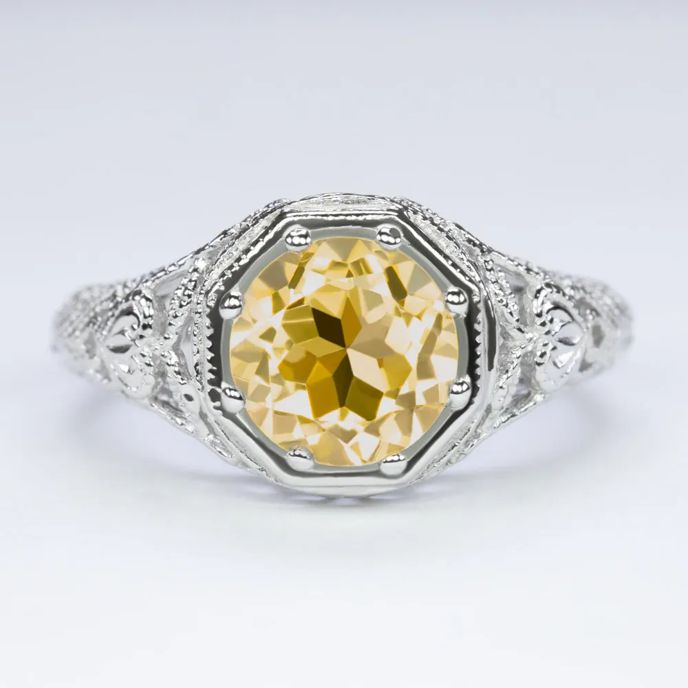 CITRINE STERLING SILVER RING VINTAGE STYLE ART DECO FILIGREE SOLITAIRE ROUND CUT