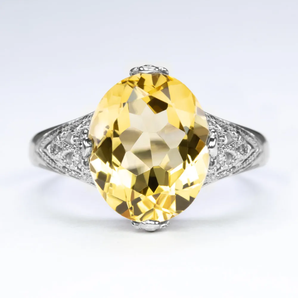 CITRINE VINTAGE STYLE COCKTAIL RING STERLING SILVER OVAL SHAPE FILIGREE ART DECO