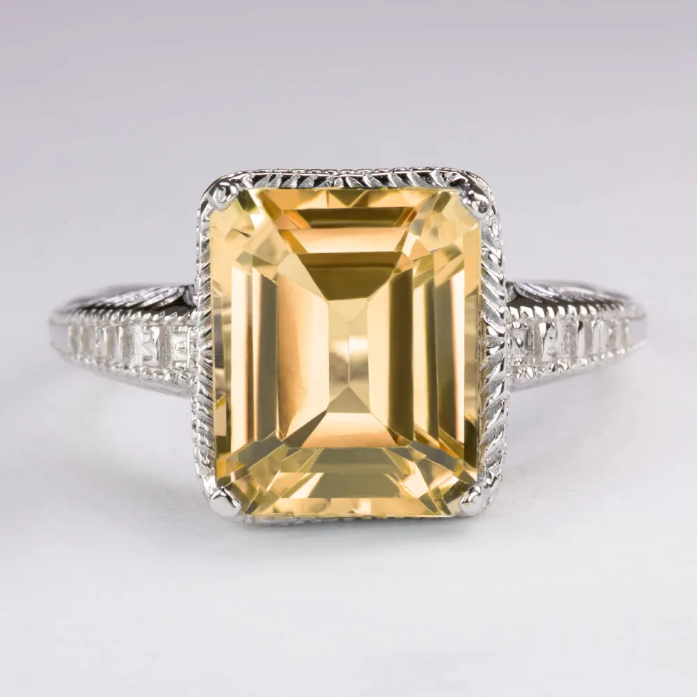 CITRINE VINTAGE STYLE RING STERLING SILVER ART DECO EMERALD CUT ENGRAVED YELLOW