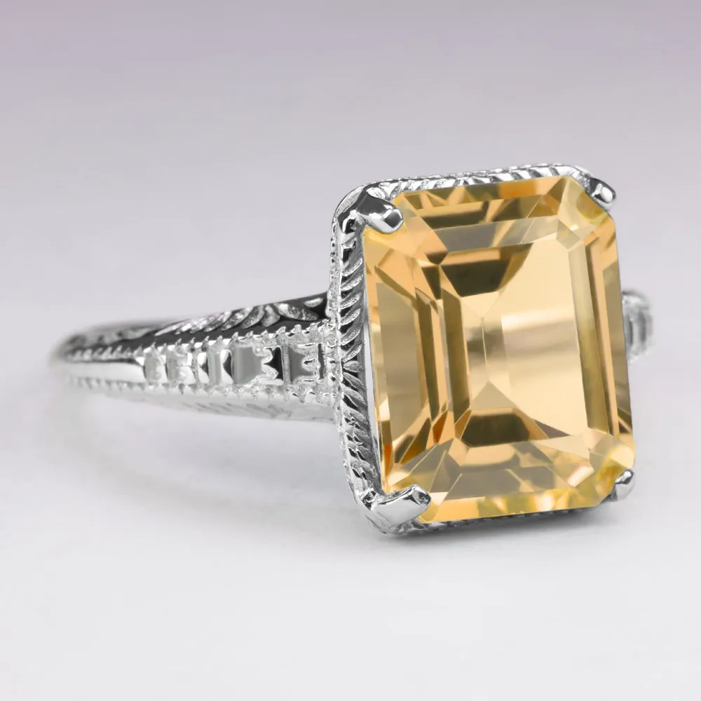 CITRINE VINTAGE STYLE RING STERLING SILVER ART DECO EMERALD CUT ENGRAVED YELLOW