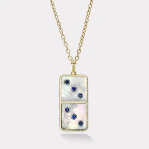 Classic Domino Necklace with Semiprecious Stone Inlay- White Mother of Pearl and Sapphire