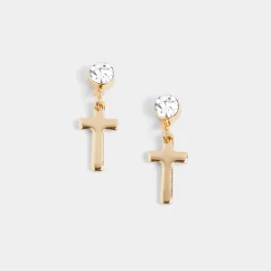 Clear Stone Cross Dangle Earrings - Gold