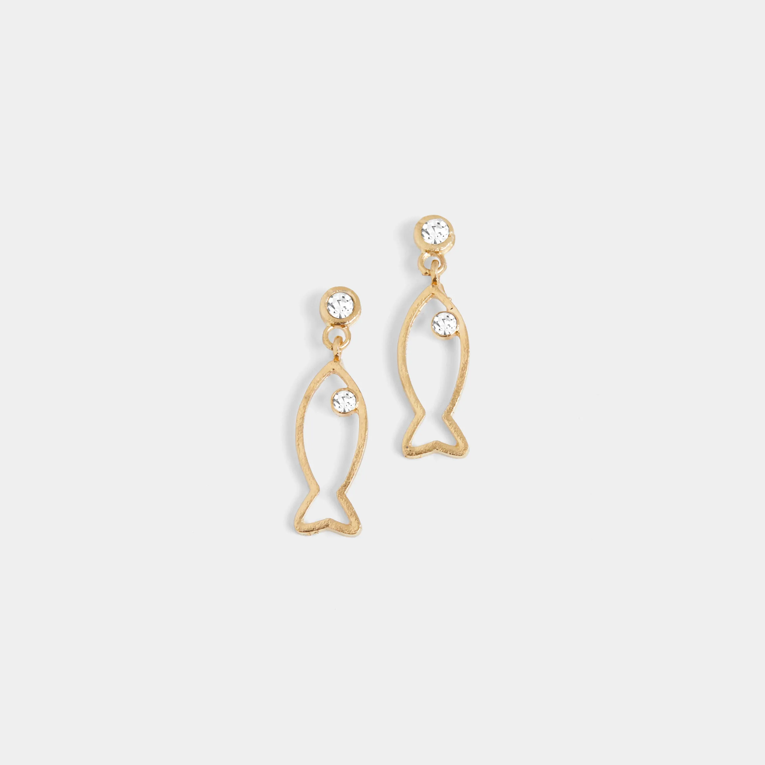 Clear Stone Fish Dangle Earrings - Gold