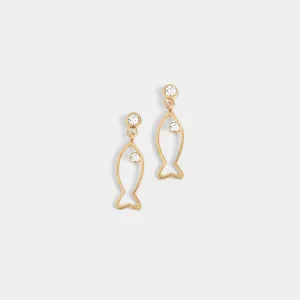 Clear Stone Fish Dangle Earrings - Gold