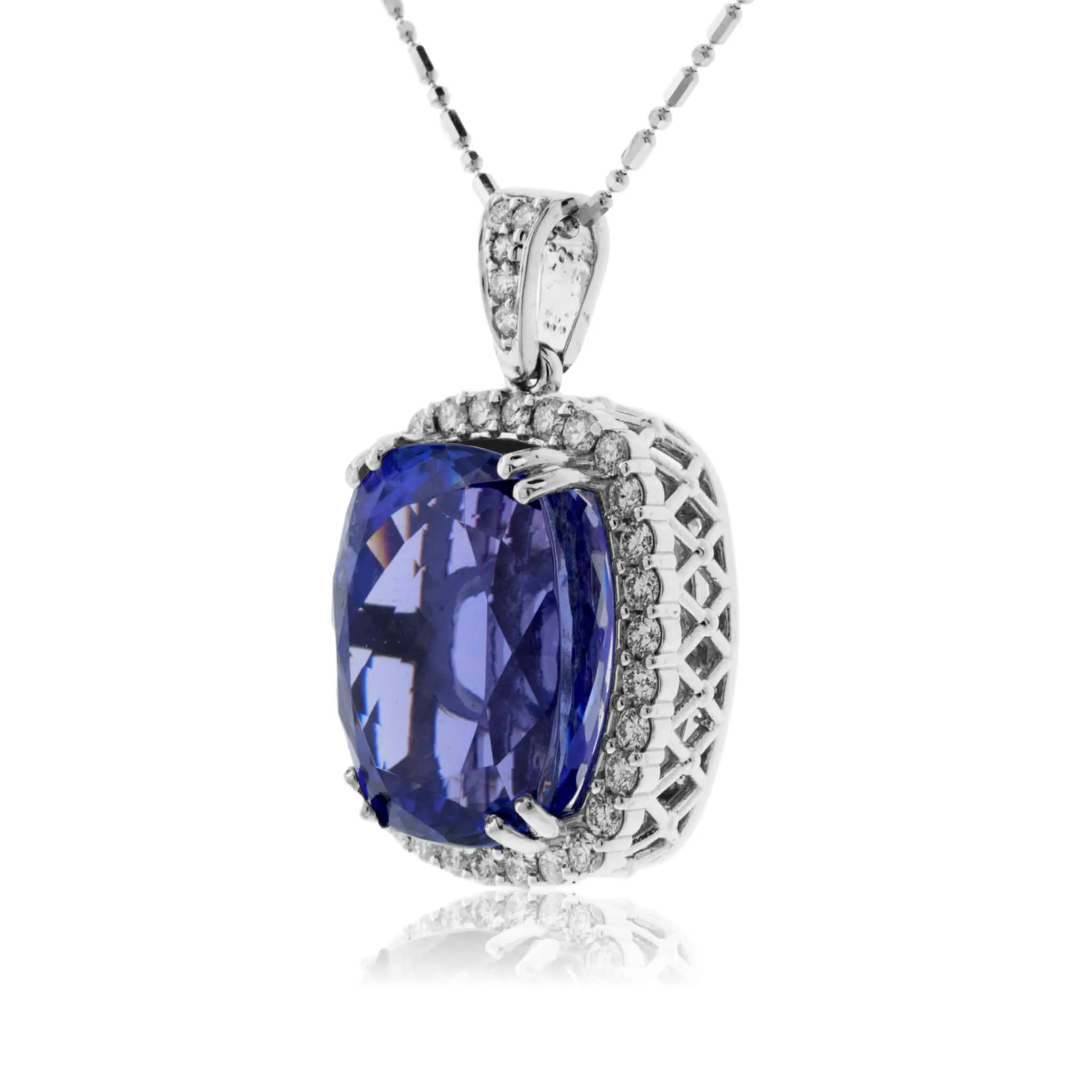 Cushion Cut Tanzanite Pendant in Diamond Halo