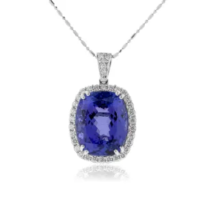 Cushion Cut Tanzanite Pendant in Diamond Halo