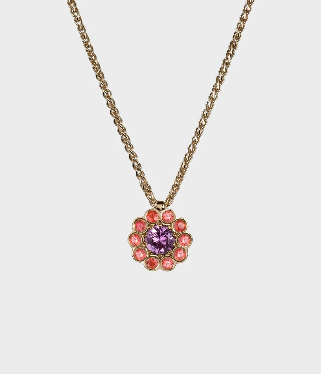 Daisy Cluster Necklace in 18ct Yellow Gold with Pink and Orange Sapphires