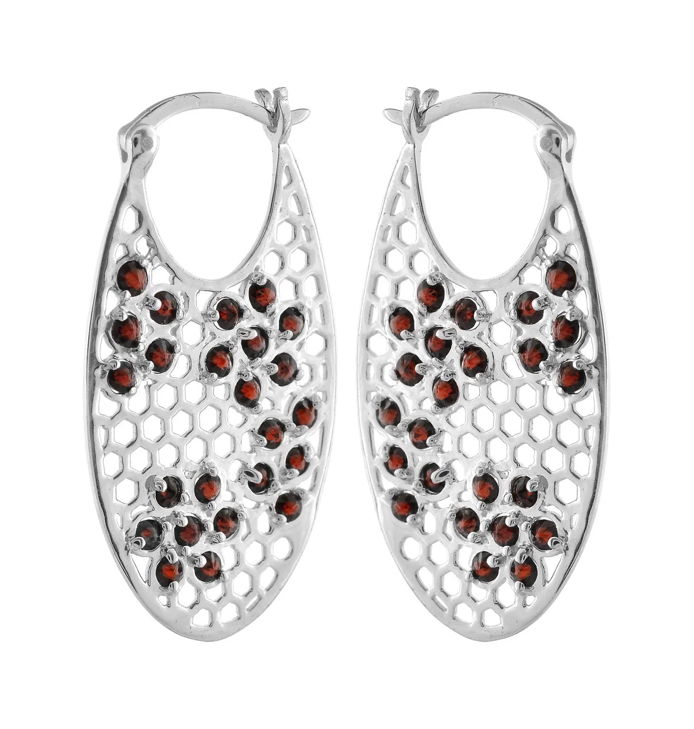 Designer Silver Garnet Flower Hoops