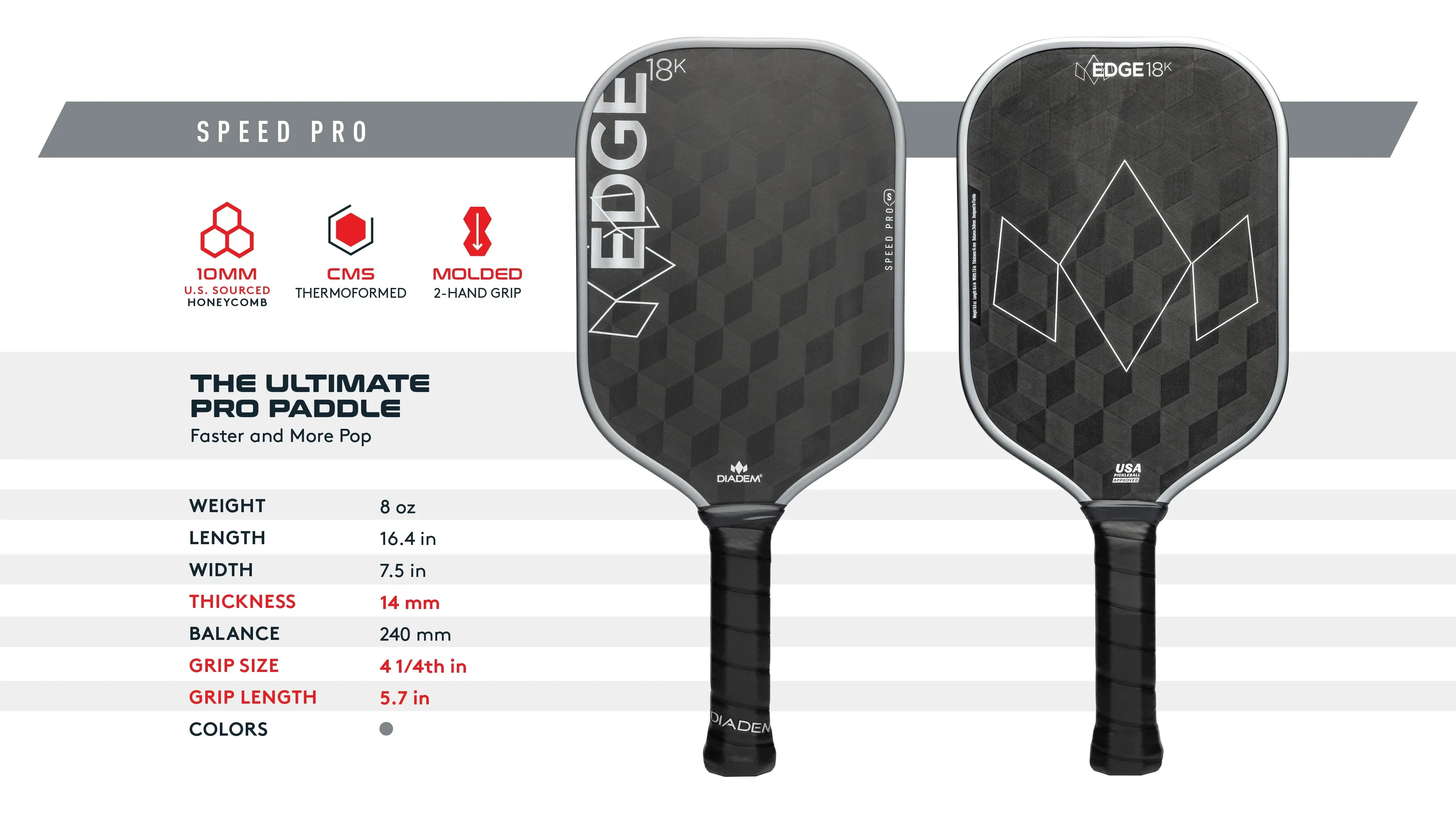 Diadem Edge 18k Speed Pro 14mm Pickleball Paddle