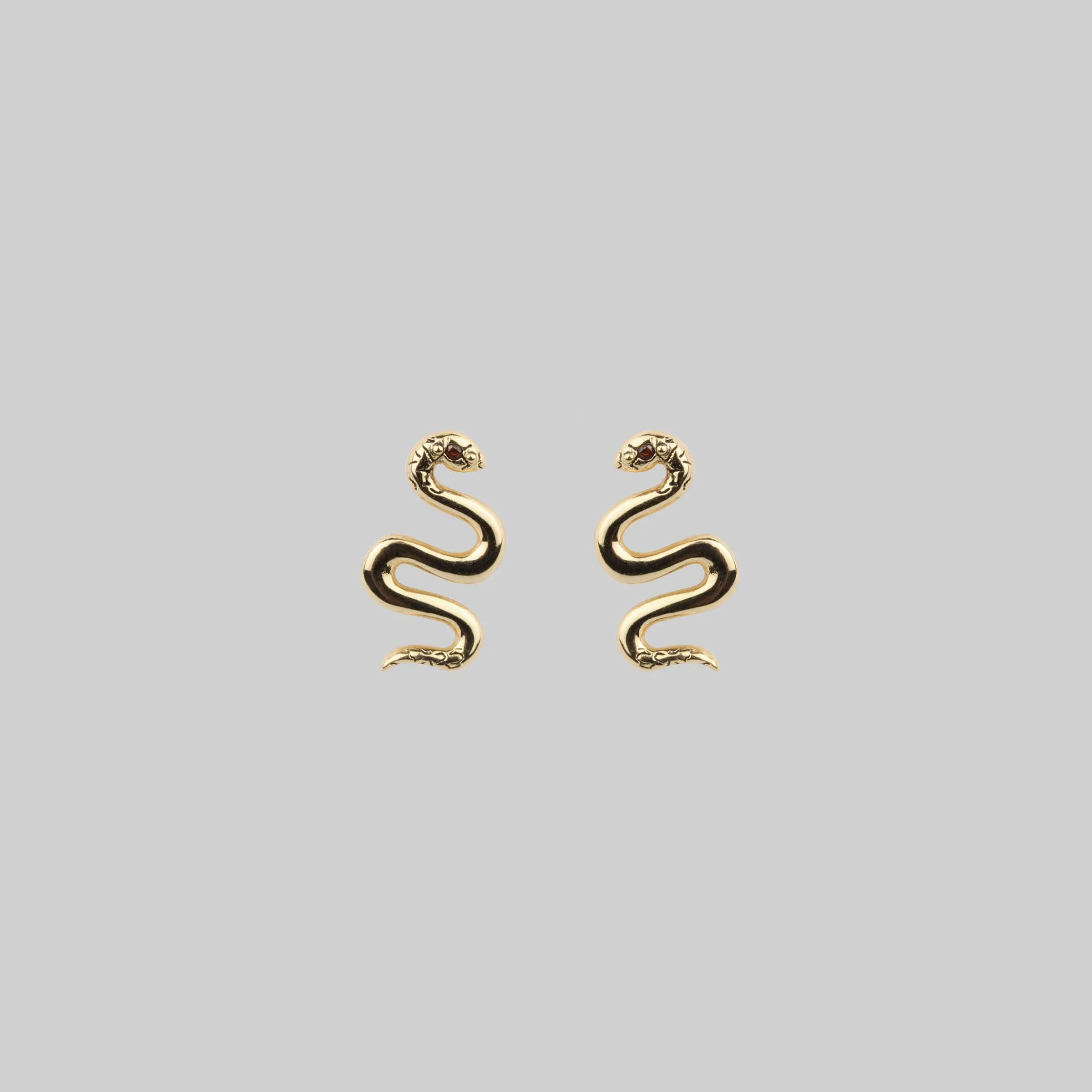 DIVINITY. Garnet Snake Gold Stud Earrings