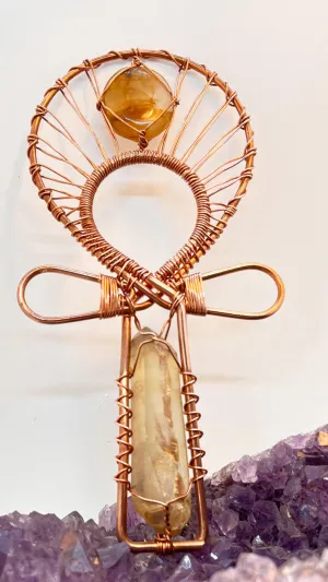 Double Terminated Namibian Smoky Citrine and Golden Healer Handheld Ankh