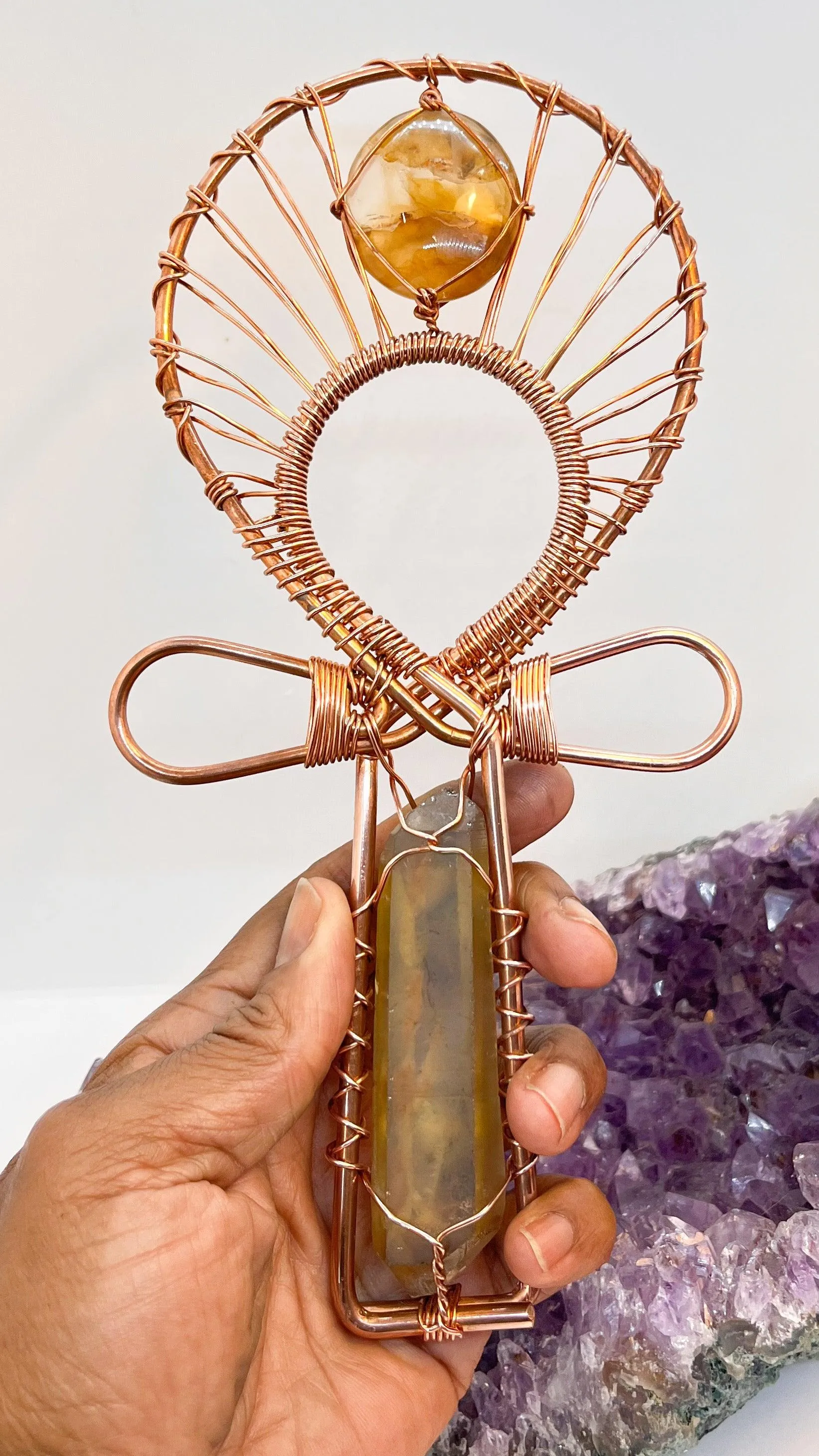 Double Terminated Namibian Smoky Citrine and Golden Healer Handheld Ankh