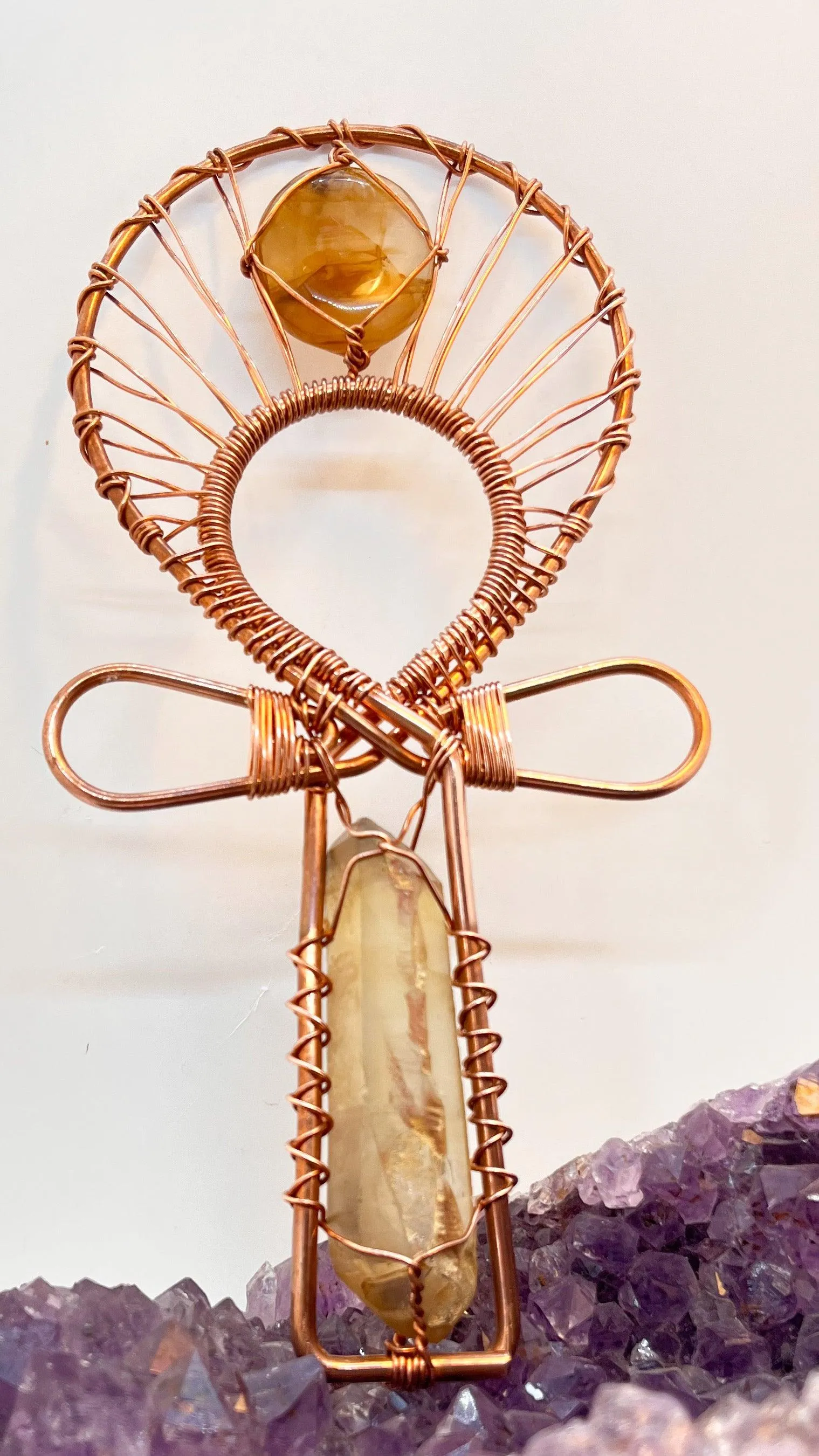 Double Terminated Namibian Smoky Citrine and Golden Healer Handheld Ankh